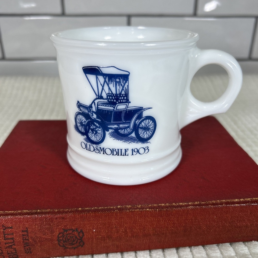 Vintage Surrey Milk Glass Shaving Mug with Blue 1903 Oldsmobile Image